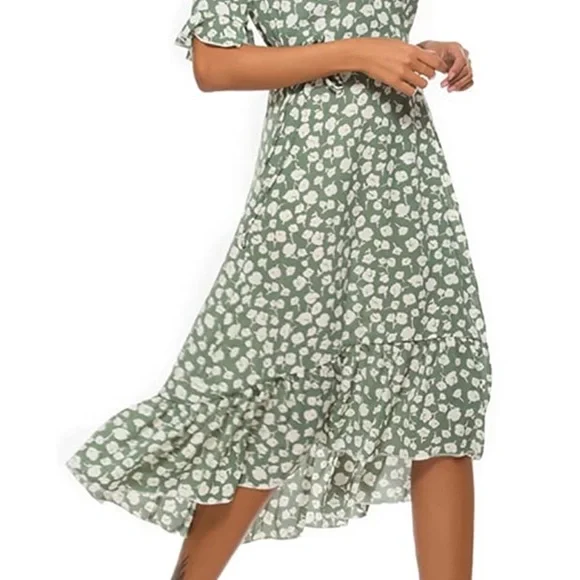 Short sleeve V-neck wrap skirt dress A line flowy - Picture 4 of 5